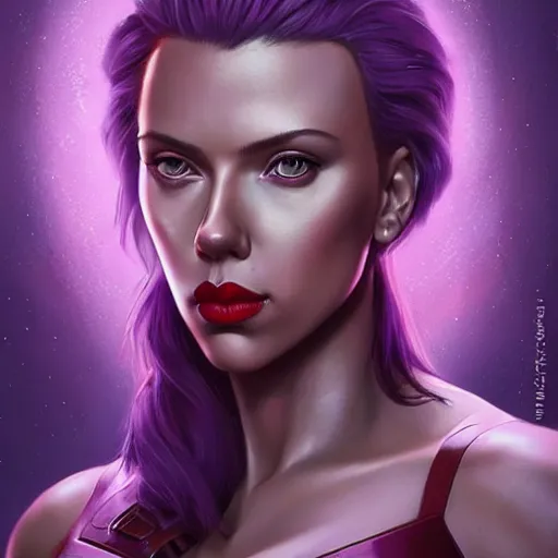 Image similar to scarlett johansson as thanos, feminine beautiful muscular fitness model wearing armor, very dark purple skin, red lips, very very strong jaw, pin up, attractive, highly detailed full body portrait, pretty face, elegant, breathtaking art, concept art, by artgerm and ilya kuvshinov