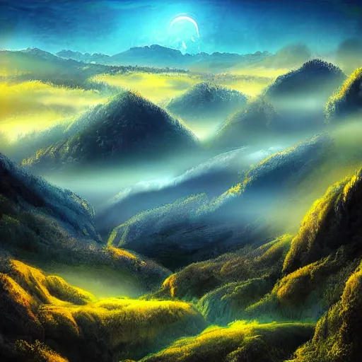 Image similar to magical landscape, mountains, misty, blue, yellow sky, digital art