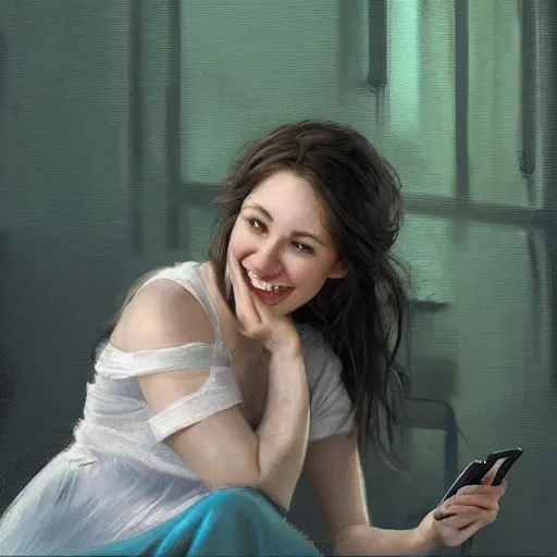 Prompt: epic masterpiece of cinematographic hyperrealism where a happy woman appears using her phone the color of the phone screen is green, the background of the image is white. realistic shaded lighting poster by craig mallismo, artgerm, jeremy lipkin and michael garmash, unreal engine, radiant light, detailed and intricate environment, digital art, art station trends