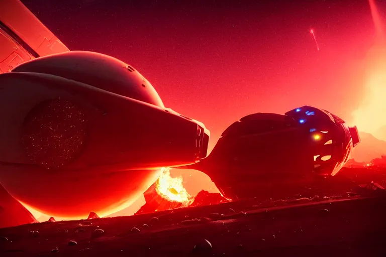 Prompt: crashed spaceship on fire. the spaceship is on a desert world planet. The atmosphere is full with raining debris. There are three moons in the sky, and one shooting star in the background. Dramatic lighting. hyper-realistic photo artistic trending on artstation beautiful scenic octane render reddish hue highly detailed, 8k, epic composition