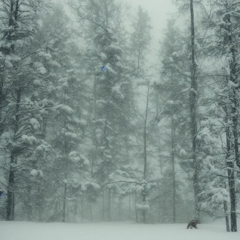 Image similar to photo, bigfoot is hiding in the background. cold color temperature, snow storm. hazy atmosphere. humidity haze. kodak ektachrome, greenish expired film, award winning, low contrast