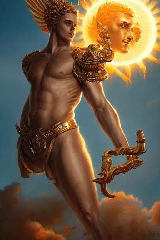 Image similar to apollo humanoid god of the sun, highly detailed, d & d, fantasy, highly detailed, digital painting, trending on artstation, concept art, sharp focus, illustration, art by artgerm and greg rutkowski and magali villeneuve