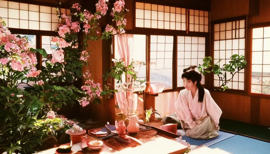 Image similar to 1 9 9 0 s candid 3 5 mm photo of a beautiful day in the a dreamy japanese flowery cottage designed by gucci, cinematic lighting, cinematic look, golden hour, a desk for flower arrangements and journaling has sun shinning on it through a window, temple in the distance, photographed by petra collins, uhd