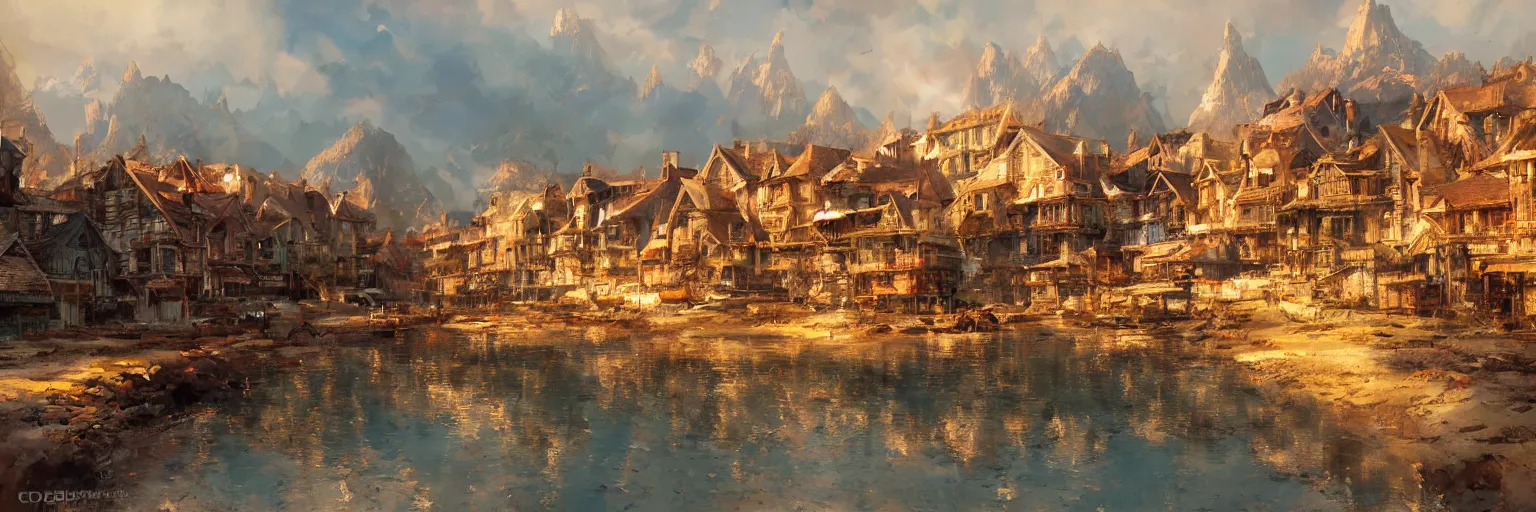 Prompt: seaside village by Cédric Peyravernay, warm color palette, detailed