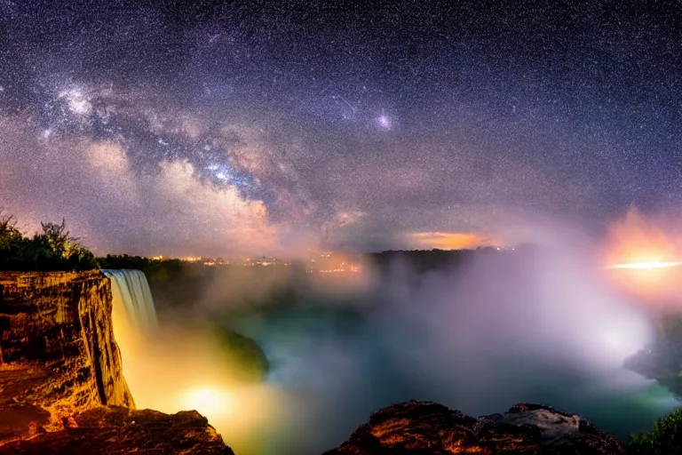 Prompt: beautiful nighttime landscape photography of Niagara Falls dramatic point of view, serene, dramatic lighting, milky way galaxy