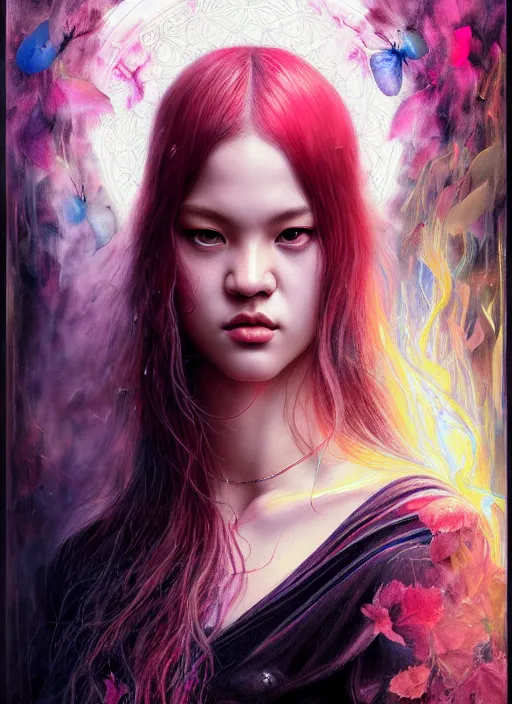 Image similar to jossi of blackpink, king, tarot card, highly detailed, digital painting, smooth, sharp focus, illustration, ultra realistic, unreal engine 8 k, art by karol bak and agnes cecile