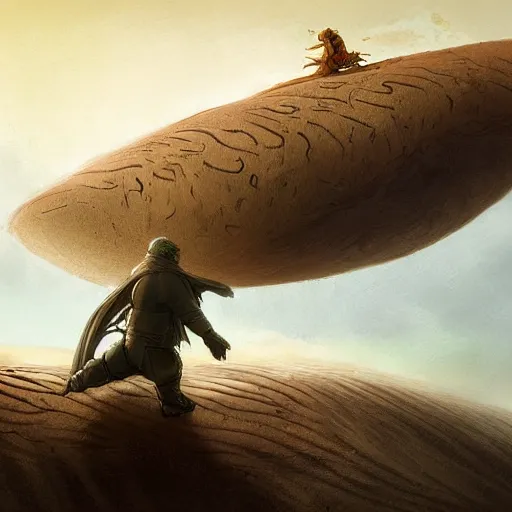 Prompt: ( ( peter griffin ) ) riding on the back of a ( worm ) from ( dune ), fantasy art, landscape art, in the style of greg rutkowski, illustration, epic