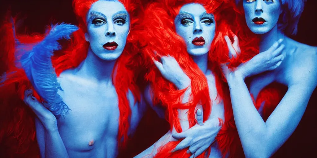 Prompt: zeiss lens photograph ryan mcginley only with blue drag queen in love with a red stallion too many hands in all directions doctors mask in the style of gottfried helnwein chiaroscuro intricate composition blue light by caravaggio insanely quality highly detailed masterpiece red light