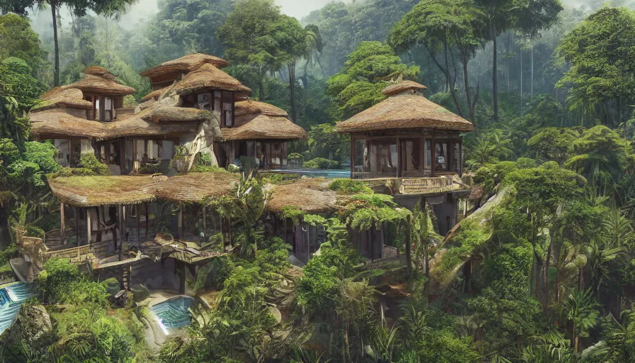 Image similar to Magnificent glazed villa with a wooden balcory built on the edge of a green mountains in the jungle, hyperdetailed, artstation, cgsociety, 8k