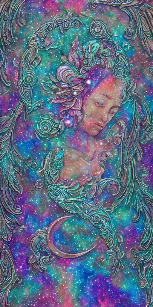 Image similar to intricate colourfully painted carved Soapstone relief paneling, iridescent, pearl and pale blue toned, celestial, cosmos, galaxies, planets, divinity, moon goddess, mother earth, Earth Goddess mythology, Gaia, angels, dream atmosphere, bright colors, vivid colors, Ghostly, crystaline celtic, insanly detailed , artstation, wallpaper, hyper realistic, realistic lighting