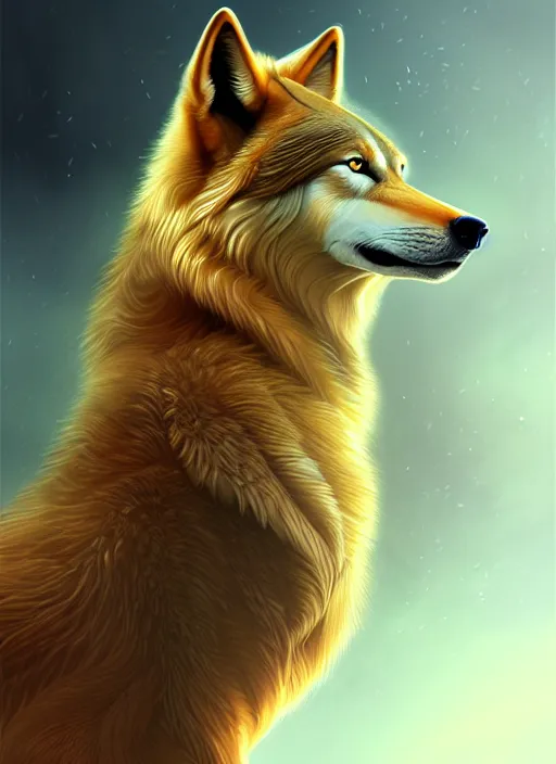 Prompt: bipedal golden wolf, highly detailed, deep focus, elegant, digital painting, smooth, sharp focus, illustration, ultra realistic, 8 k, art by wlop