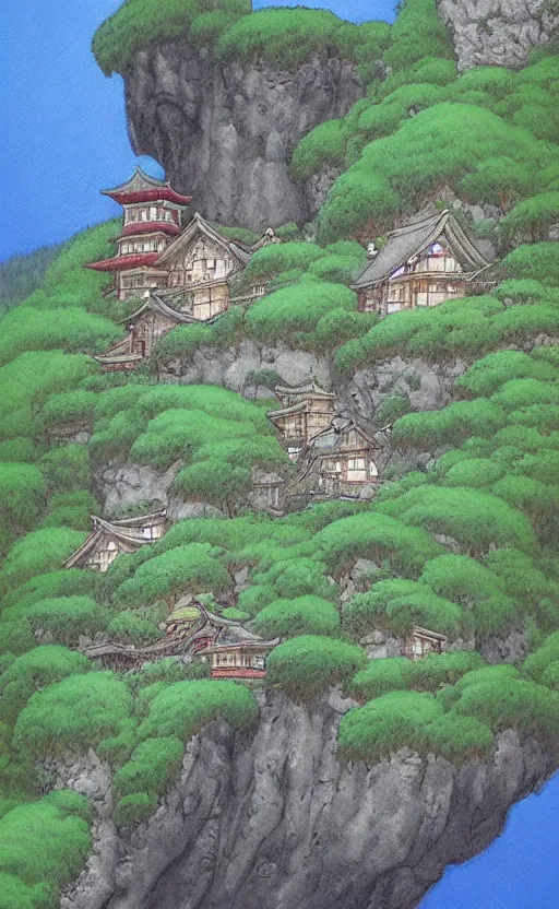 Prompt: amazing detailed photorealistic painting of a house hanging off a cliff edge. japan. studio ghibli. hd. hq