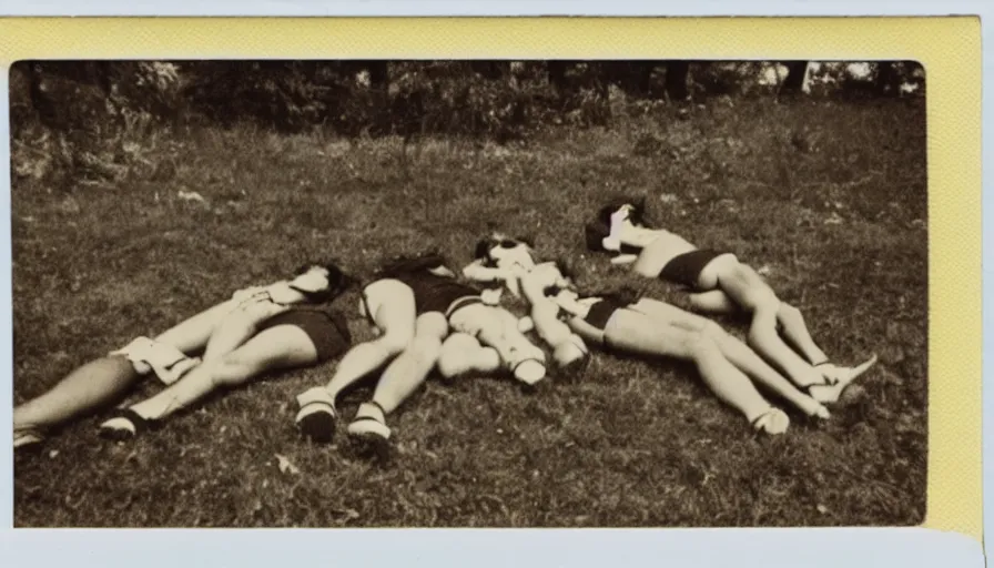 Image similar to A burnt! polaroid photograph of some 70s teenagers lays on the ground