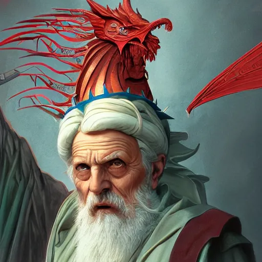 Prompt: An elderly orthodox patriarch as a Lady Liberty riding the red dragon of china, highly detailed, digital painting, artstation, concept art, smooth, sharp focus, illustration, art by artgerm and greg rutkowski and alphonse mucha