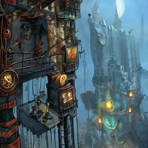 Image similar to Thieves using grappling hooks to climb a steampunk city, epic fantasy art style HD