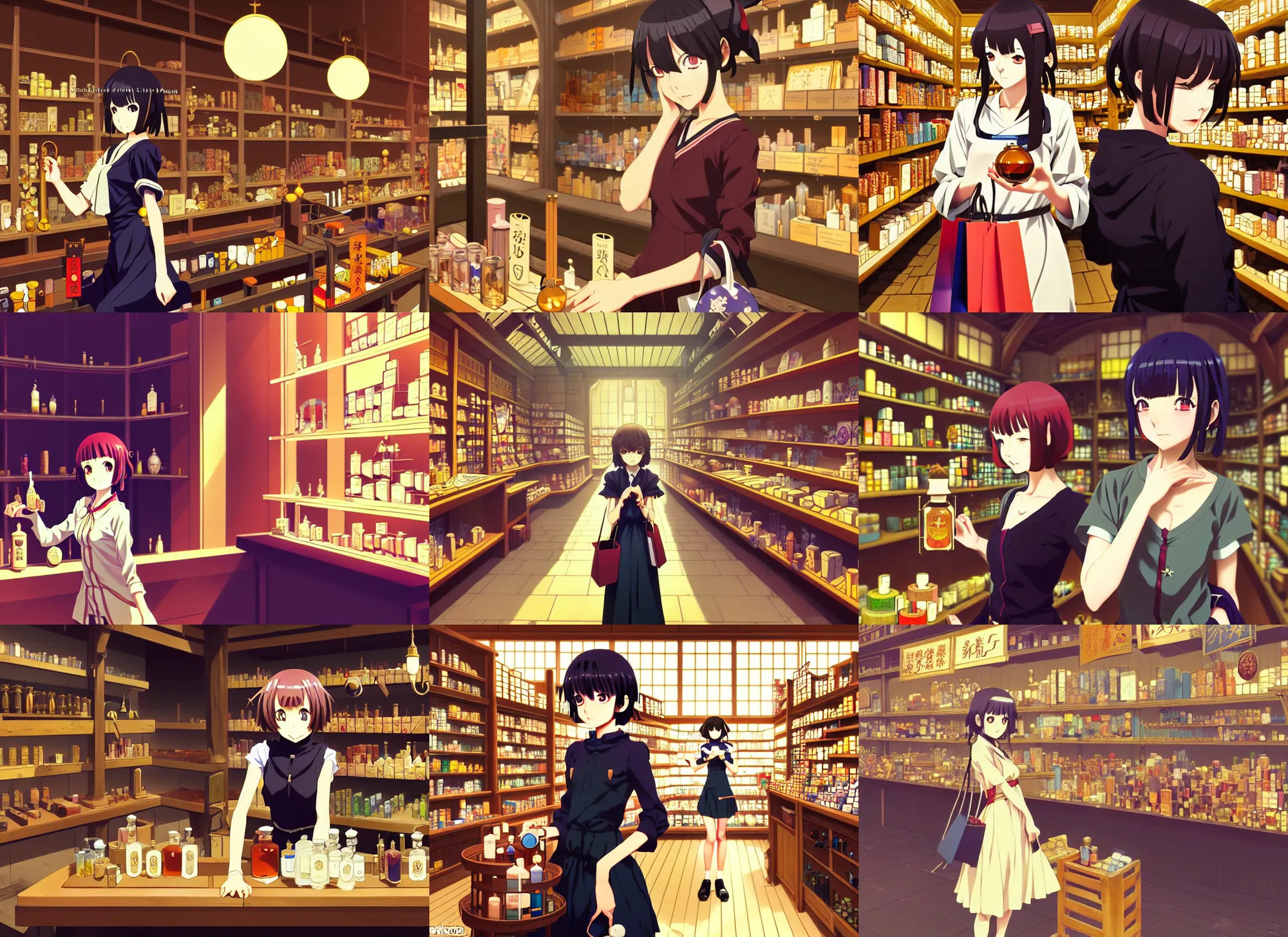 Prompt: anime visual, portrait of a young female traveler shopping in a alchemist's potion shop interior, dramatic, cute face by ilya kuvshinov, yoh yoshinari, makoto shinkai, katsura masakazu, dynamic pose, dynamic perspective, cel shaded, flat shading mucha, crisp smooth lines, rounded eyes