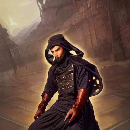 Image similar to character concept, wide angle, full body, symmetrical head - on centralized, young arabic man with dark ninja clothes. detailed, high quality, dynamic lightning, fantasy, scenematic. artwork by artgerm, wlop, alex ross, greg rutknowski, alphonse mucha