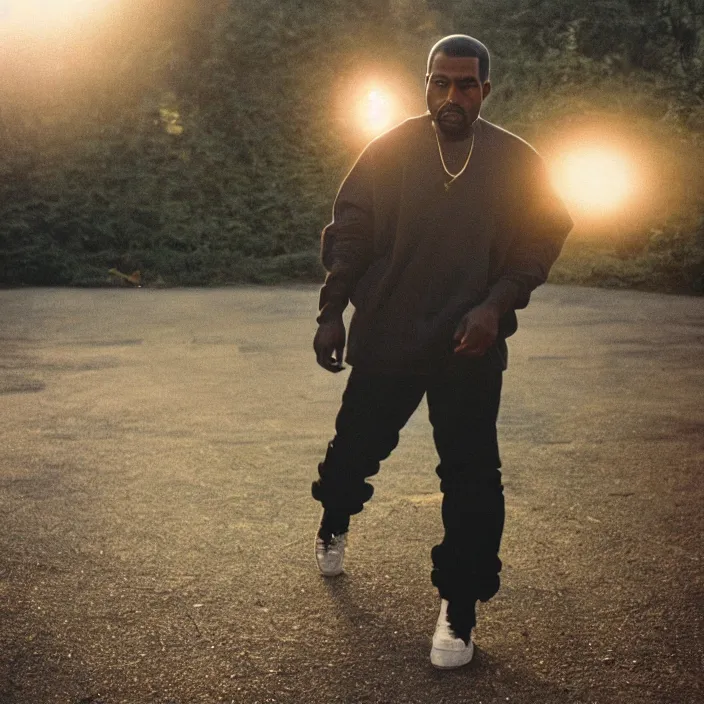 Image similar to A photo of Kanye West walking with spirits, by Annie Leibovitz. Kodak Portra 800 film. Depth of field. whirl bokeh. Melancholic. detailed. hq. realistic. warm light. Filmic. Dreamy. lens flare. Leica M9, f/1.2, symmetrical balance, in-frame