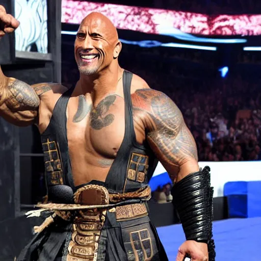 Image similar to dwayne johnson entering entrances ramp of smackdown as samurai!