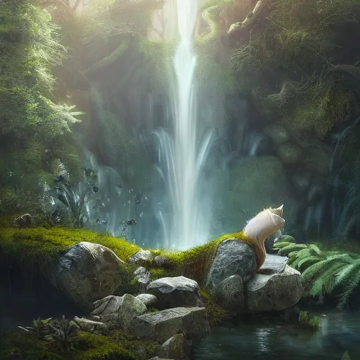 Image similar to tom bagshaw, soft painting render curiosities pond vegetation rocks covered moss scintillating, beautiful waterfall fox, accurate features, focus, very intricate ultrafine details, random volumetric lighting, dense fog, award winning masterpiece, octane render 8 k hd, artstation