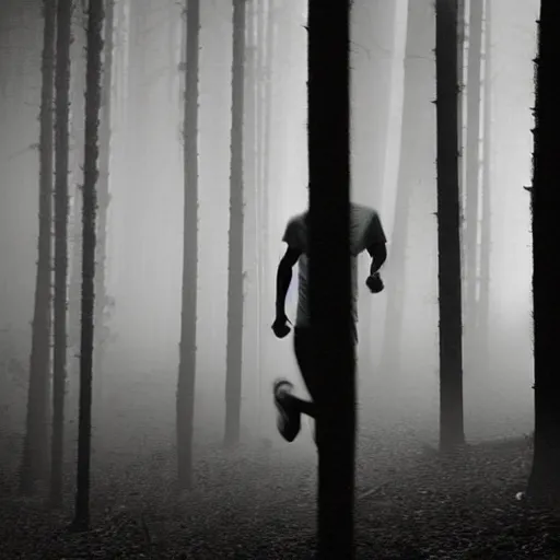 Image similar to a smudged, scratched, grainy and blurry photograph showing the whole body of a young tall man dynamically and frenetically running from danger in the dark forest. in the foggy woods, night time, flash lights