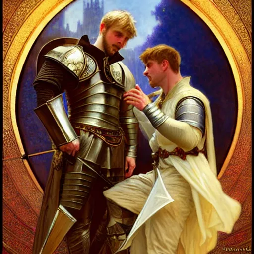 Image similar to attractive arthur pendragon and his attractive male knight, they are in love, natural lighting, path traced, highly detailed, high quality, digital painting, by gaston bussiere, craig mullins, alphonse mucha j. c. leyendecker