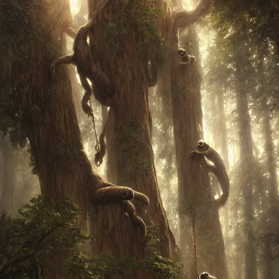 Prompt: colossal sloth hanging from a giant redwood tree, high detail, dramatic light, digital art, painted by greg rutkowski, painted by seb mckinnon, trending on artstation