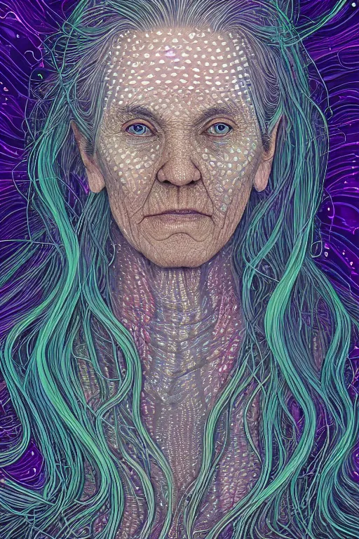 Image similar to dark underwater portrait of one bioluminescent old woman, with cracked reaction diffusion semi - transparent skin. multicolored fish scales, face closeup. long intricate dark hair. good face proportions. with many jellyfishes. very high detail, illustration, by alex grey and ilya kuvshinov