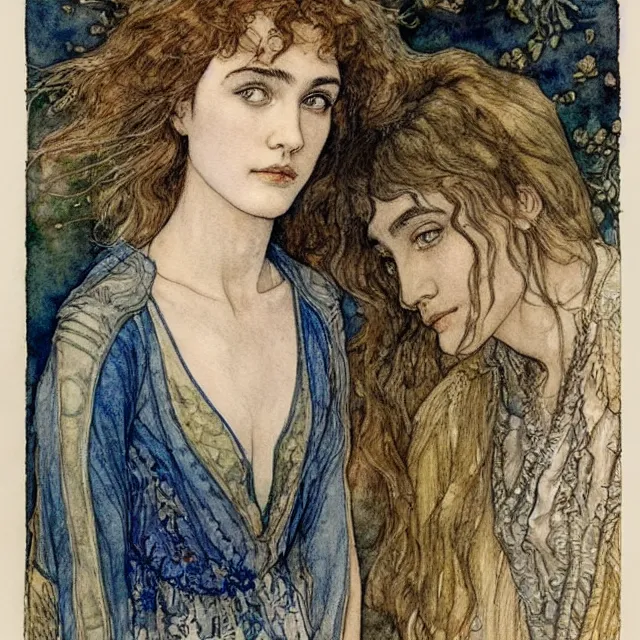 Image similar to a detailed, intricate watercolor and ink portrait illustration with fine lines of young 1 4 year old saoirse gal ronan gadot looking over her shoulder, by arthur rackham and edmund dulac and walter crane