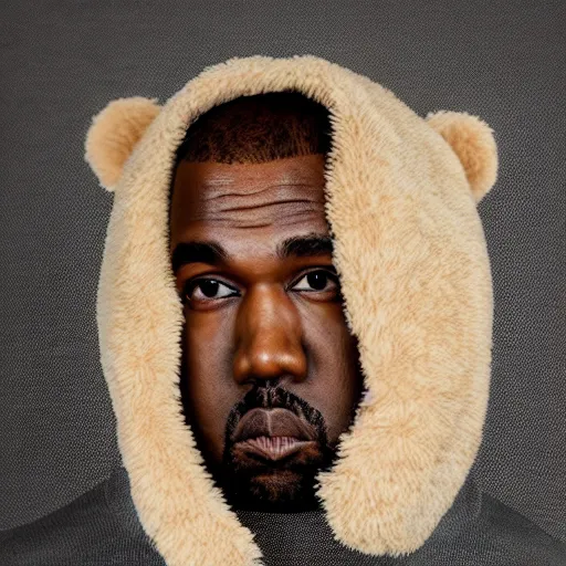 Image similar to the face of kanye west wearing full teddy bear costume at 4 3 years old, portrait by julia cameron, chiaroscuro lighting, shallow depth of field, 8 0 mm, f 1. 8