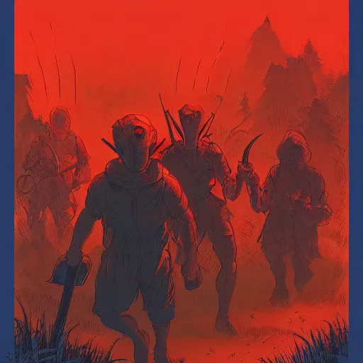 Image similar to torch wielding mob walking up a hill at night. Artwork by Frank Frazetta and dan Mumford. Horror feeling. Red and blue color scheme