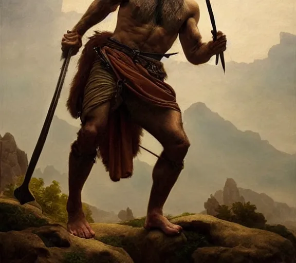 Image similar to renaissance painting full body portrait of a gruff ranger with a spear, lean and toned, handsome face, hairy chest and hairy body, D&D, intricate, elegant, highly detailed, digital painting, artstation, concept art, matte, sharp focus, chiaroscuro, well list, illustration, art by Artgerm and Greg Rutkowski and Alphonse Mucha