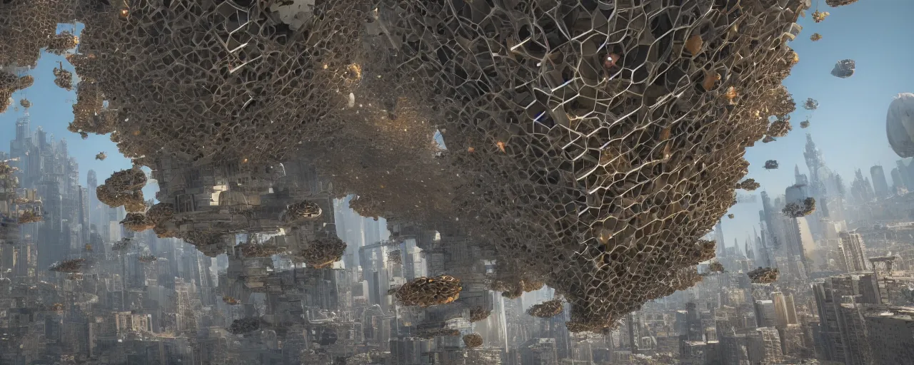 Image similar to movie still, brutalist wasp hive megastructure in space, unreal engine, octane render, detailed and intricate, global illumination, volumetric lighting, hubble telescope images, james webb telescope images, detailed and intricate environment