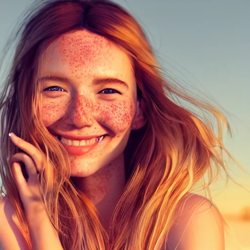 Prompt: portrait of a cute thin young woman, red blush, cute freckles, smug smile, modern clothes, relaxing on the beach, golden hour, close up shot, 8 k, art by irakli nadar, hyperrealism, hyperdetailed, ultra realistic