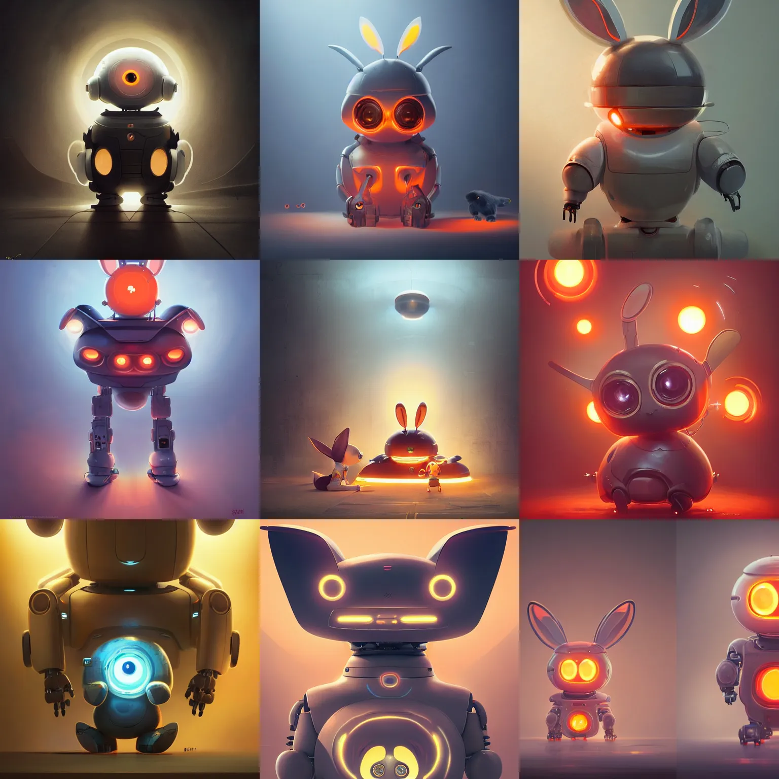 Prompt: cute chubby 3 years old robot child with big glowing orange eyes and big rabbit ears , big complex belly mechanism , studio light, futuristic retro design by greg rutkowski