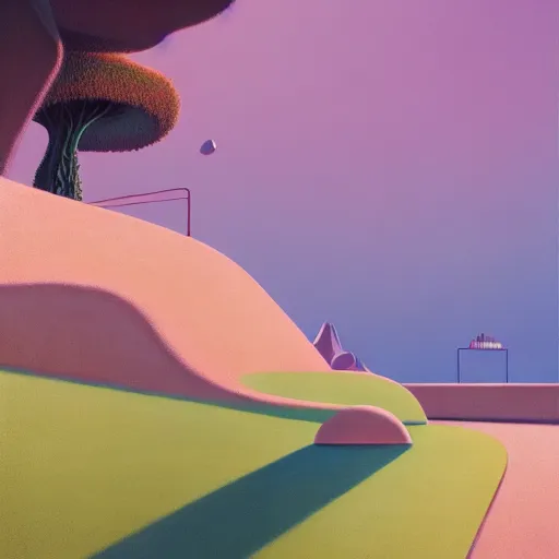 Image similar to pop-surrealist landscape painting, octane render, unreal engine, very nice pastel colors, lights and shadows, glowing hot sun, very coherent, Houdini algorithmic generative art, painted by Edward Hopper, Wayne Barlowe, painted by James Gilleard, airbrush, art by JamesJean