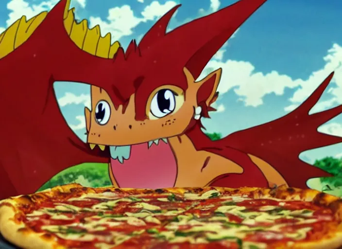 Image similar to anime film still of a dragon eating a pizza, 8 k