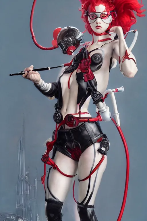 Image similar to cute covid - 1 9 nurse girl holding a syringe, wearing bikini nurse armor, black and white and red catsuit, cyberpunk, dc comics, gothic, by tom bagshaw and alphonse mucha and moebius and artgerm and and greg rutkowski and hajime soriyama, ultra detailed, hyper realistic, octane render, trending on artstation