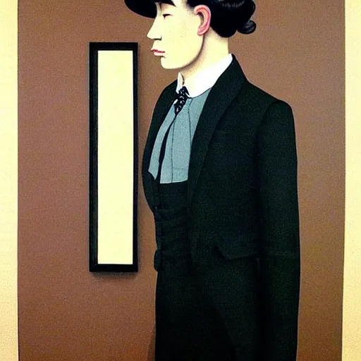 Image similar to full body painting of grumpy handsome thin beautiful man in his 2 0 s named min - jun in a french female maid outfit, modern clothing, elegant, clear, painting, stylized, delicate facial features, stylized thin lines, soft but grumpy, highly detailed, art, art by egon alphonse magritte