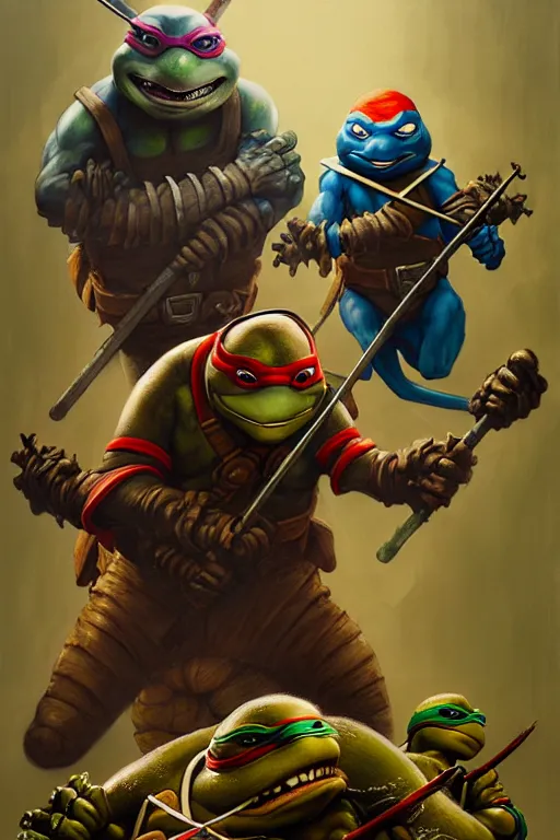 Image similar to hieronymus bosch, greg rutkowski, anna podedworna, painting of teenage mutant ninja turtles casey jones