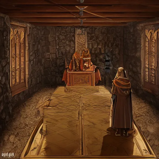 Prompt: medieval chamber with closeup of king, royalty, courtisans, monks, artstation, fantasy, high details, digital art