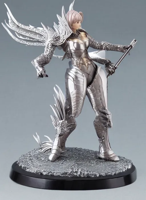 Prompt: 80mm, resin detailed model figure of a female wearing a silver dragon armor without helmet