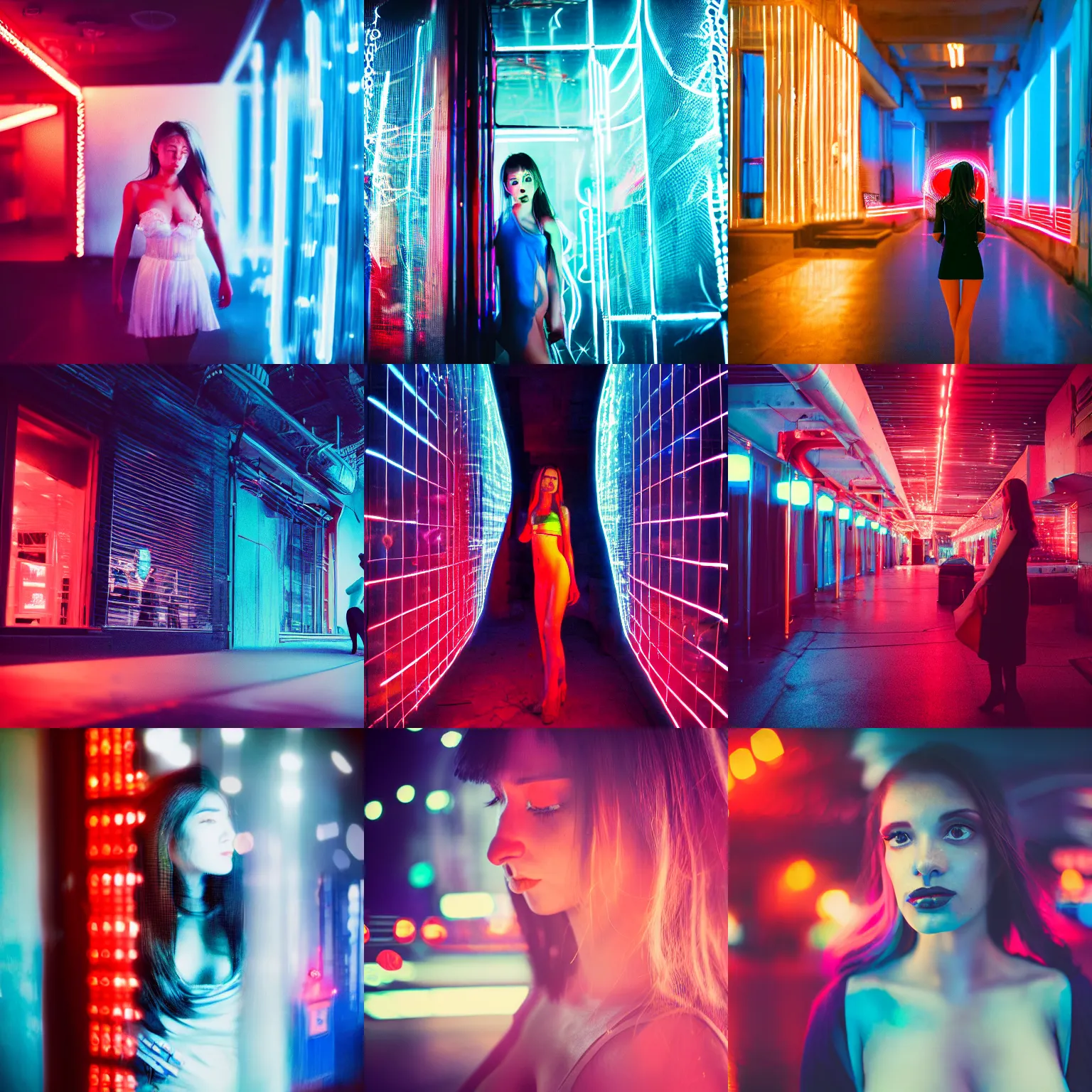 Prompt: 50mm f1.8 panoramic photography of a dreamy woman inside a sinister liminal space, blue and red neon lights, megalophobia, Bokeh, Graflex