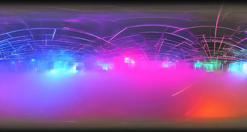 Image similar to A panoramic 360 landscape photo of a dance club with neon laser lights beamed through fog. PROMPT, XF IQ4, 150MP, 50mm, f/1.4, ISO 200, 1/160s, natural light, Adobe Photoshop, Adobe Lightroom, DxO Photolab, Corel PaintShop Pro, rule of thirds, symmetrical balance, depth layering, polarizing filter, Sense of Depth, AI enhanced