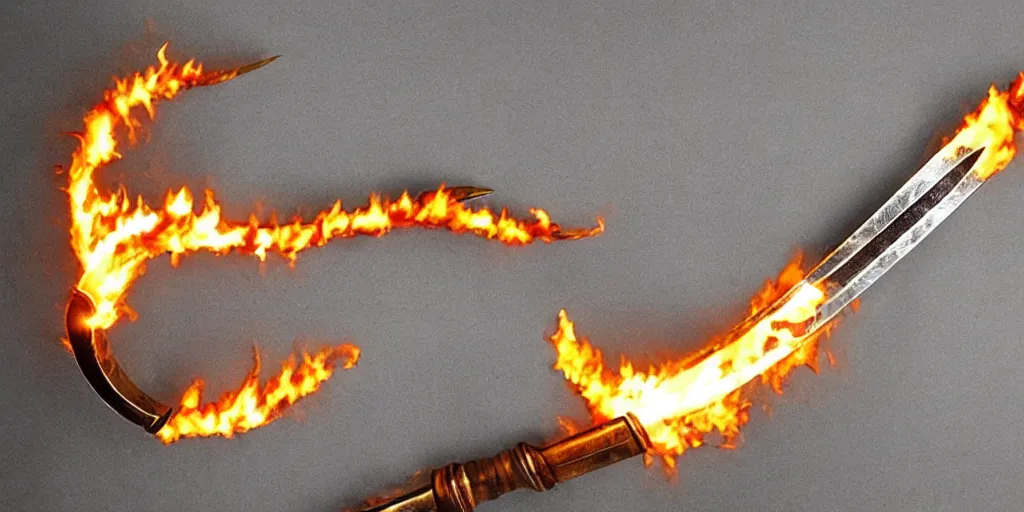 Image similar to a legendary longsword engulfed in spiral of flames, its handle is made out of dragon skin,