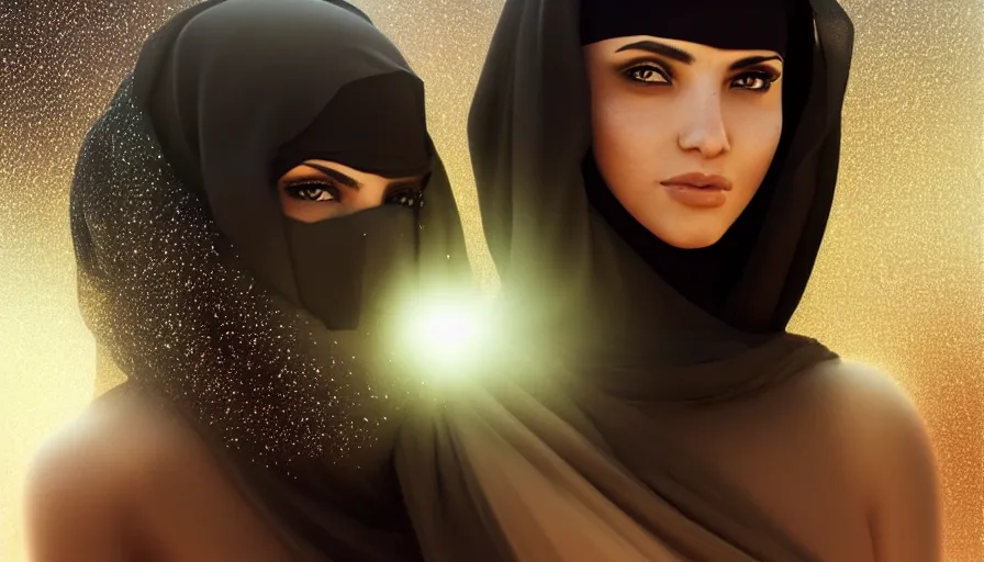 Image similar to Portrait of very very very very very very beautiful Arab woman wearing a Niqab, glowing magical eyes, energy trails, under giant full moon in the desert, intricate, elegant, highly detailed, digital painting, artstation, concept art, smooth, sharp focus, illustration, art by artgerm and greg rutkowski and alphonse mucha