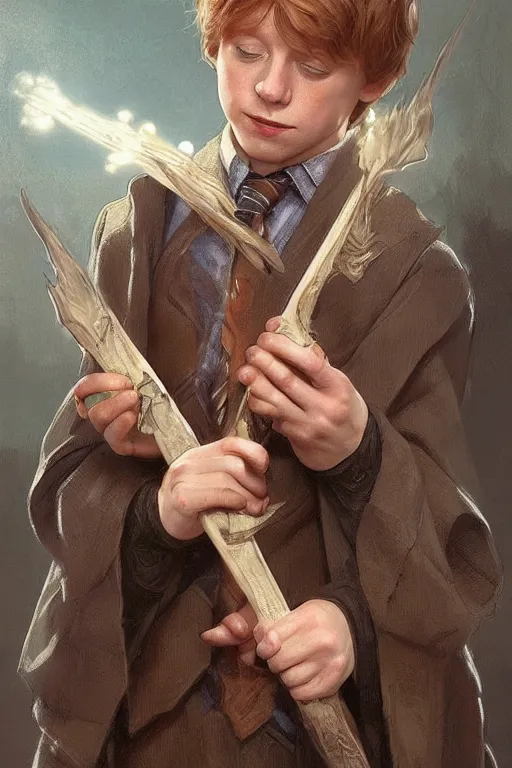 Image similar to beautiful cottagecore young ron weasley holding a magicwand. intricate, elegant. highly detailed, digital painting, artstation, concept art, smooth, sharp, focus, illustration. . art by artgerm and greg rutkowski and alphonse mucha