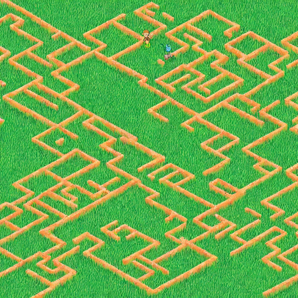 Prompt: wimmelbilder maze made of lawn with cartoon child mowing, isometric, very sharp