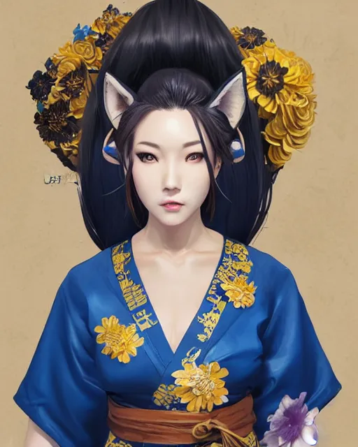 Image similar to Ssunbuki as a woman with fox ears and a royal blue kimono with gold flowers, Yakuza, portrait, visualartzi, korean, concept art by Karla Ortiz, James Paick, Charlie Bowater, Krenz Cushart, highly detailed, ultra detailed, ultra realistic, trending on artstation, cgstudio