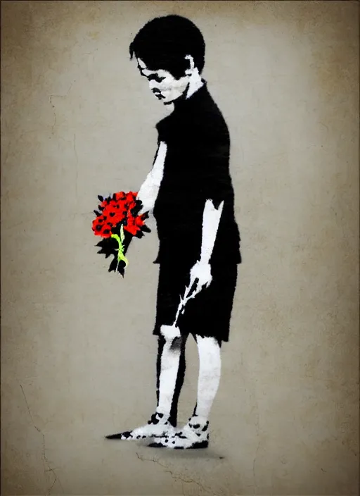 Image similar to a side profile of a single boy holding flowers in the style of Banksy, graffiti, digital art